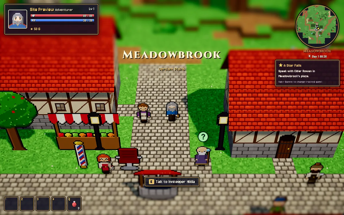 A hero exploring Meadowbrook in Pixel Underworld, with pixel-art buildings and an in-game quest tracker